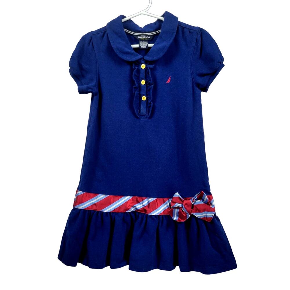 Nautica Navy Blue Dress w/ Dropped Waist, Red, White & Blue Trim, Ruffle Girls M